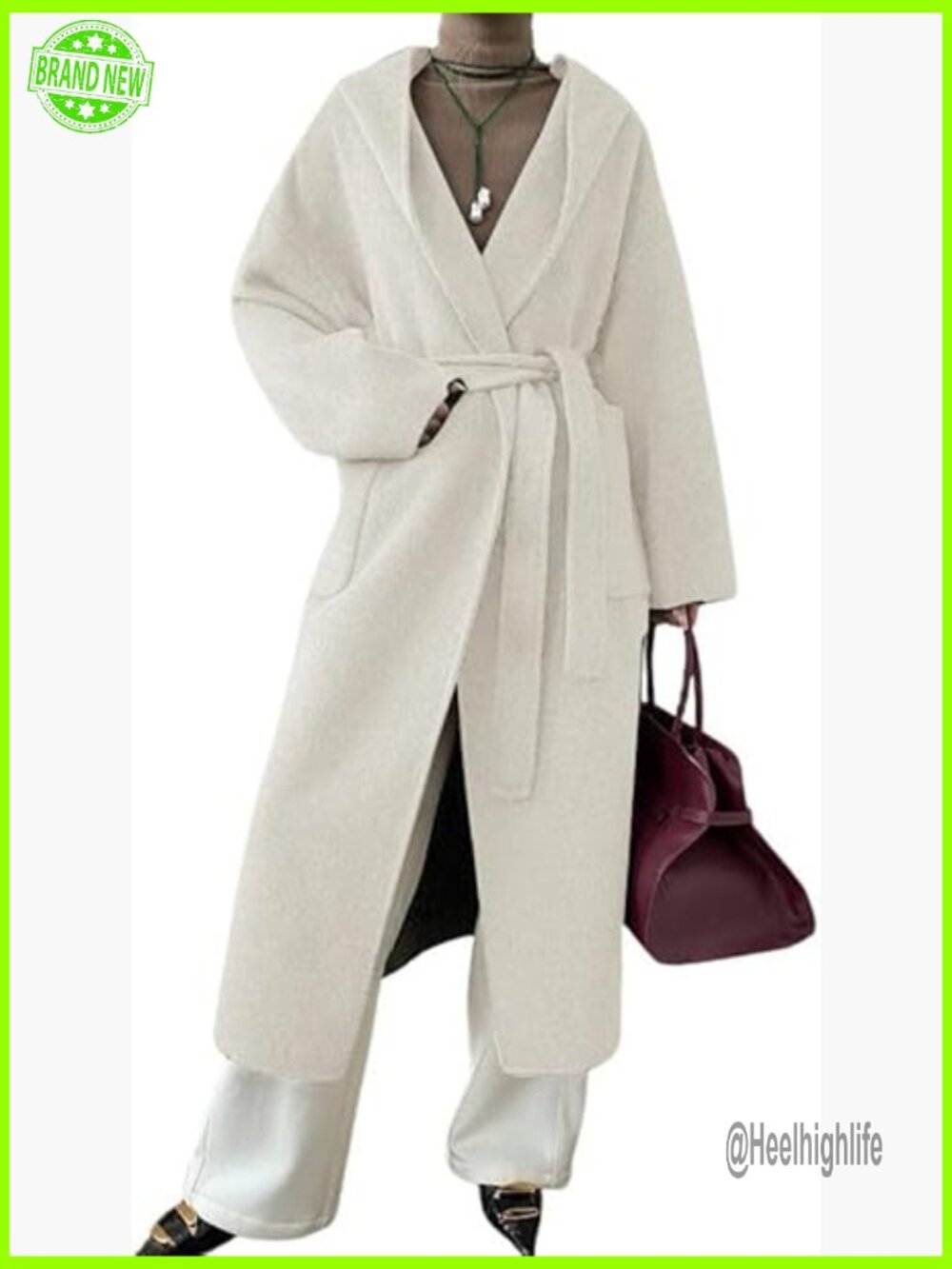 Women's Winter Wool Blend Pea Coat Open Front Belted Hooded Midi Long